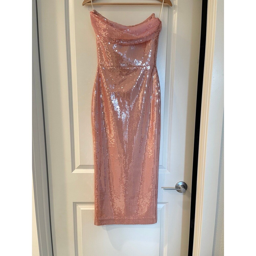 NWOT ALEX PERRY SEQUIN CURVED STRAPLESS DRAPE PEACH DRESS - Picture 8 of 12
